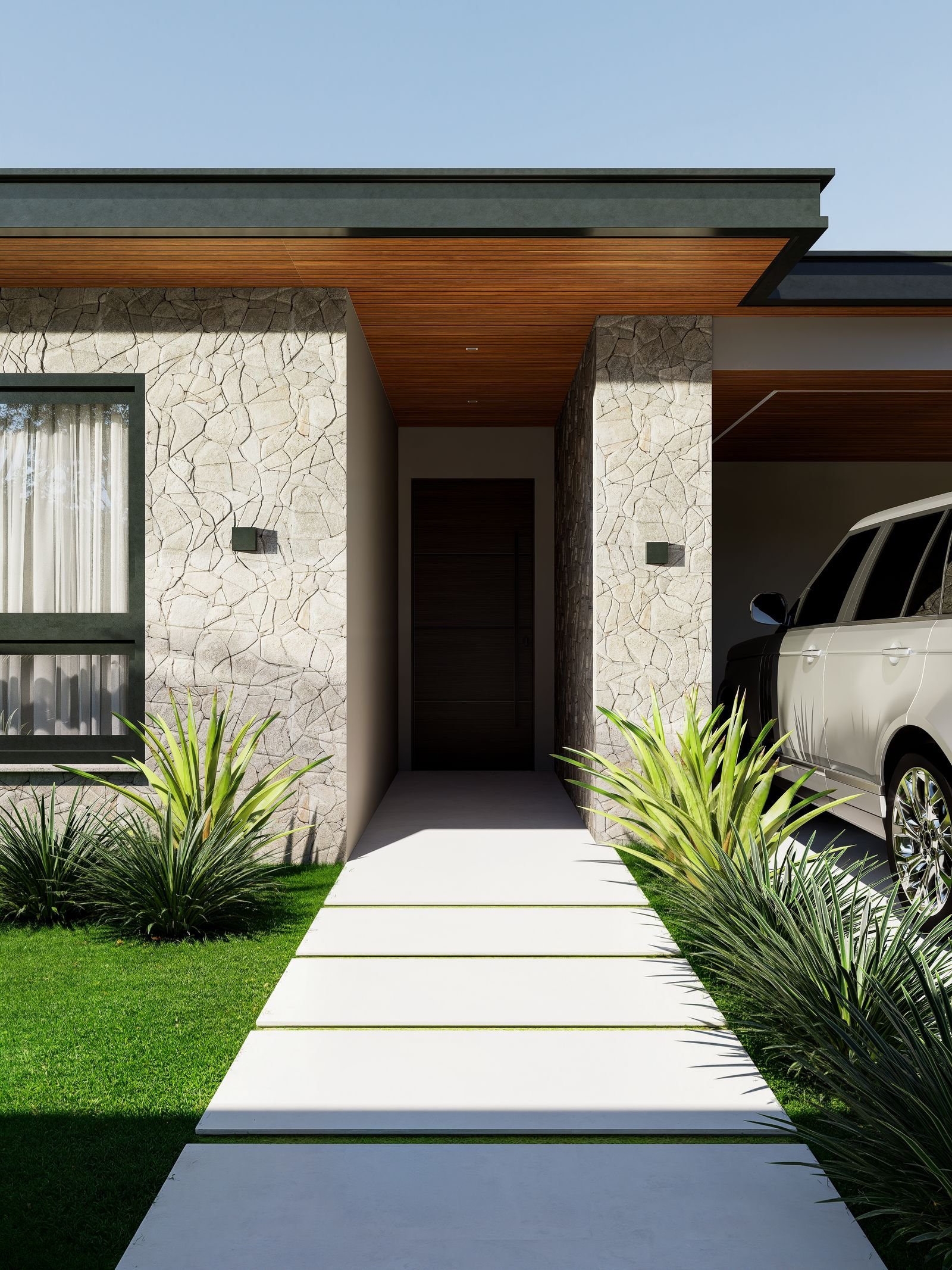 Carport with a flat roof sheltering a vehicle beside a house